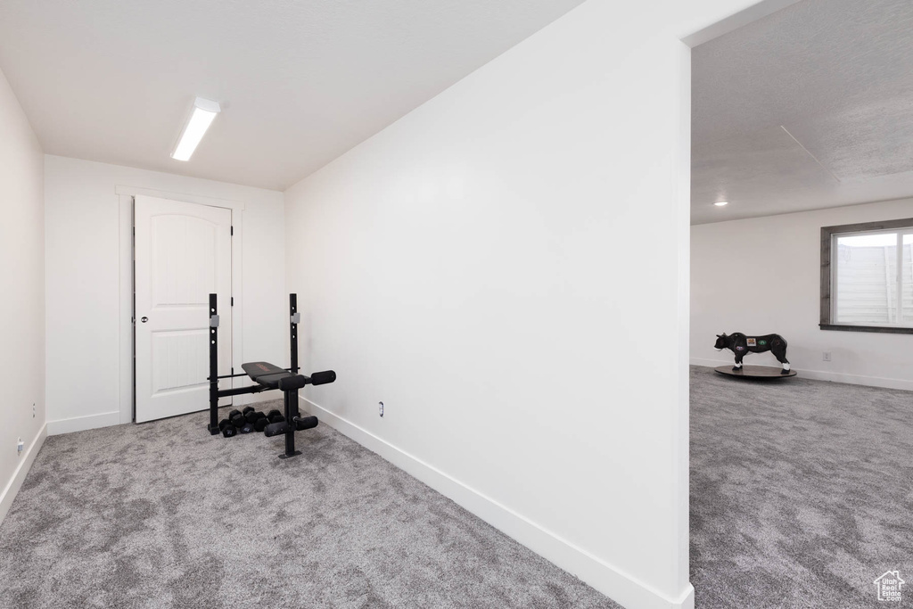 Exercise room featuring carpet floors and baseboards