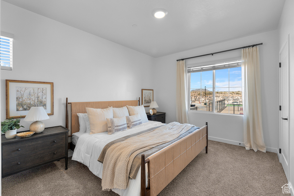 Carpeted bedroom featuring baseboards and multiple windows