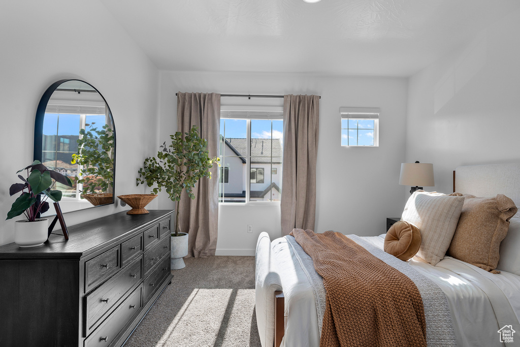 Bedroom featuring baseboards and light carpet