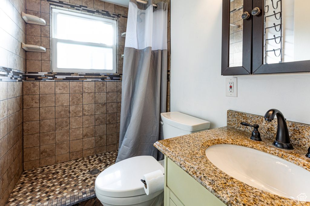 Bathroom with vanity, toilet, and a shower stall