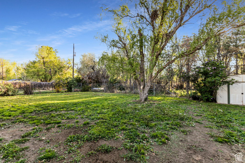 View of yard with fence, a storage unit, and an outdoor structure