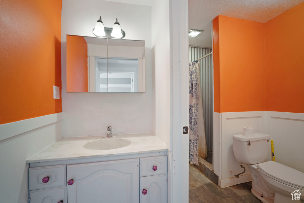 Full bath featuring vanity, wainscoting, wood finished floors, toilet, and a shower with shower curtain