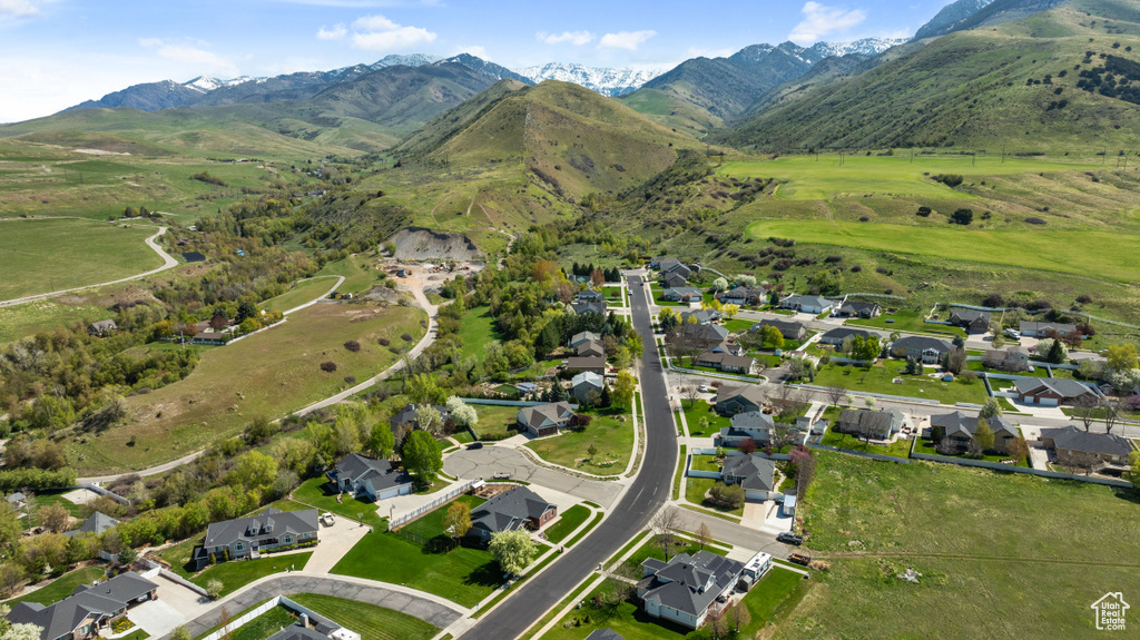 Drone / aerial view featuring a residential view and a mountain view