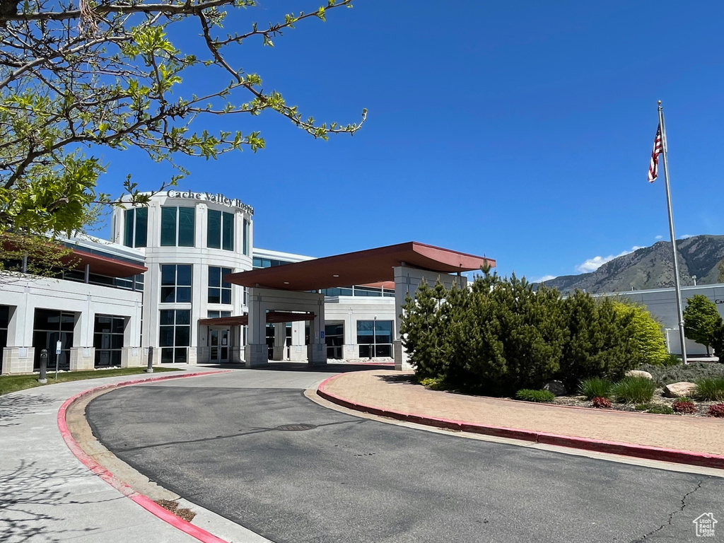 View of building exterior featuring a mountain view