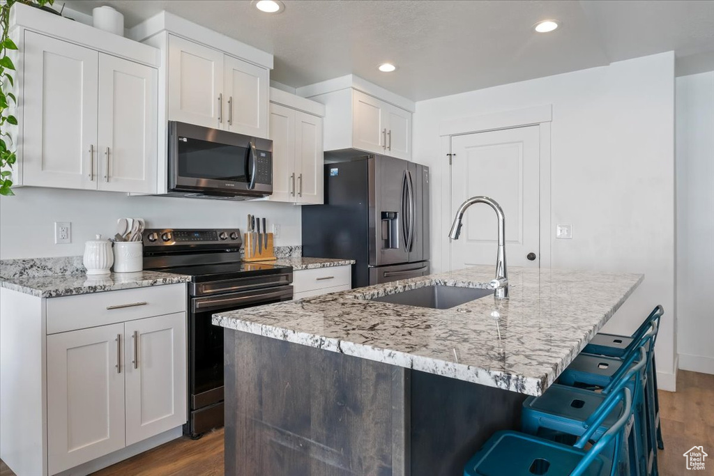 Kitchen featuring a sink, white cabinets, stainless steel appliances, recessed lighting, and dark wood-type flooring