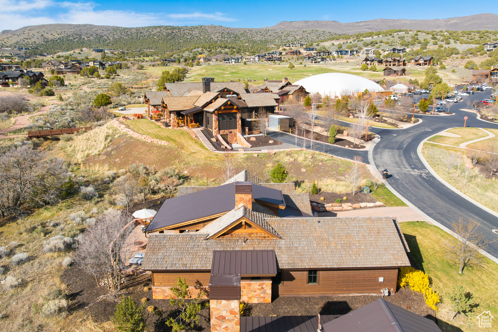 Drone / aerial view featuring a residential view and a mountain view