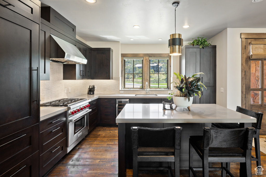Kitchen with decorative backsplash, extractor fan, light countertops, high end stove, and a sink