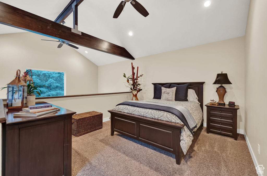 Bedroom with carpet flooring, recessed lighting, baseboards, and lofted ceiling with beams