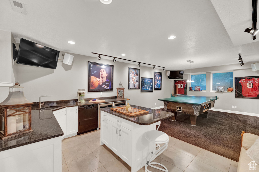 Playroom featuring track lighting, a sink, light carpet, pool table, and visible vents
