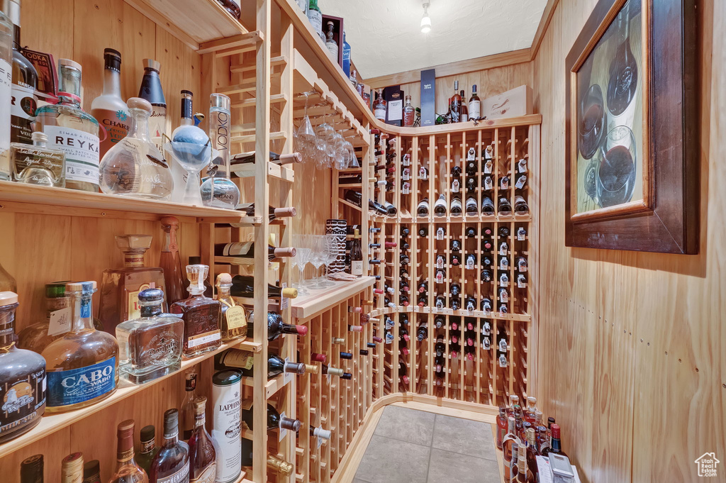 Wine room featuring wood walls and tile patterned floors