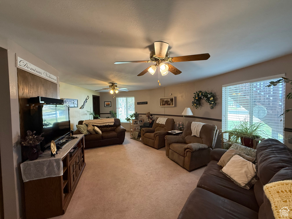 Living room with light colored carpet and ceiling fan