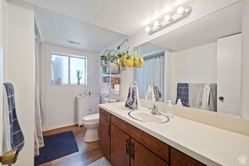 Bathroom with visible vents, vanity, wood finished floors, toilet, and baseboards