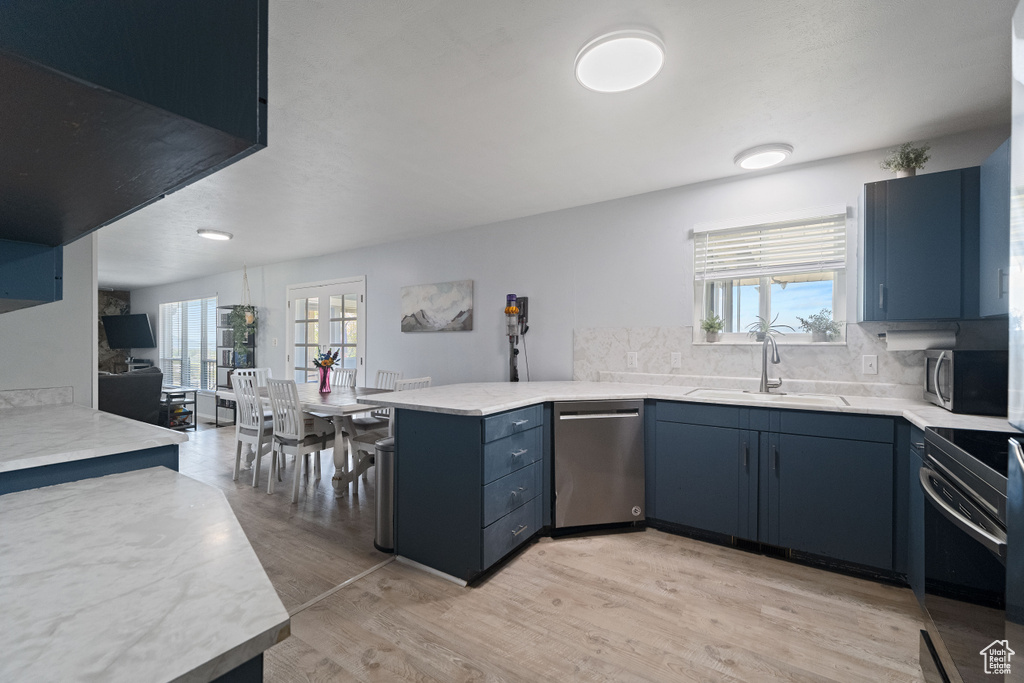 Kitchen with decorative backsplash, a peninsula, light wood-type flooring, a sink, and stainless steel appliances