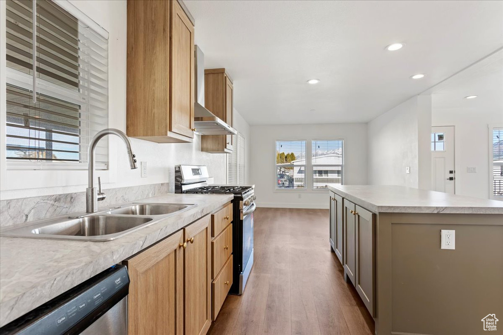 Kitchen with appliances with stainless steel finishes, wood finished floors, a sink, light countertops, and recessed lighting