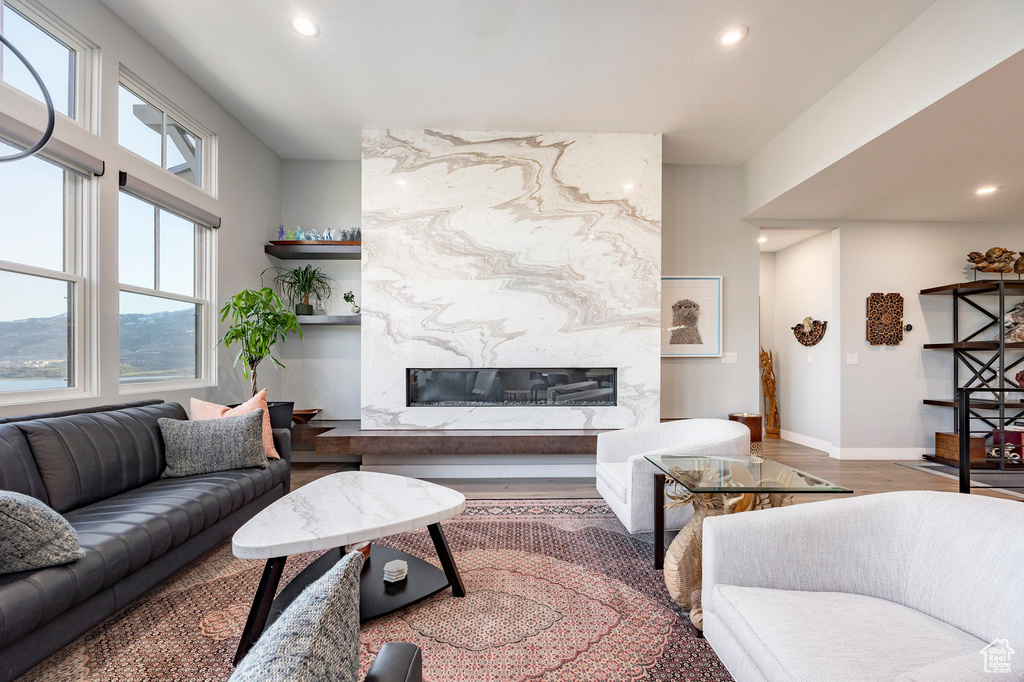 Living room featuring recessed lighting, wood finished floors, a healthy amount of sunlight, and a fireplace