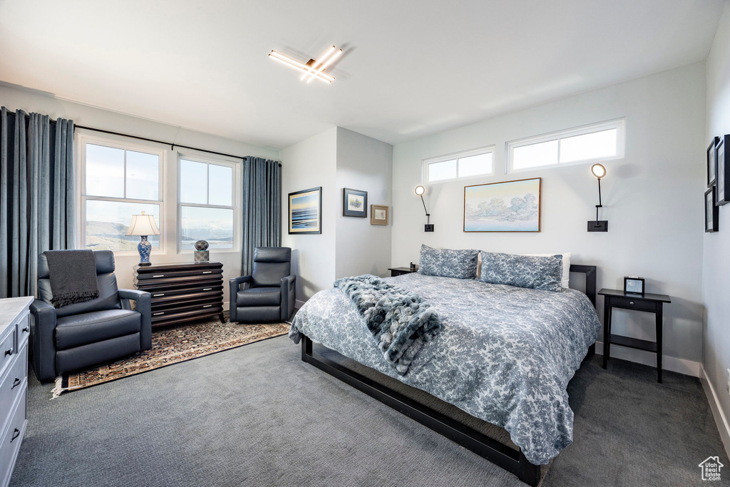 Bedroom featuring baseboards, multiple windows, and carpet