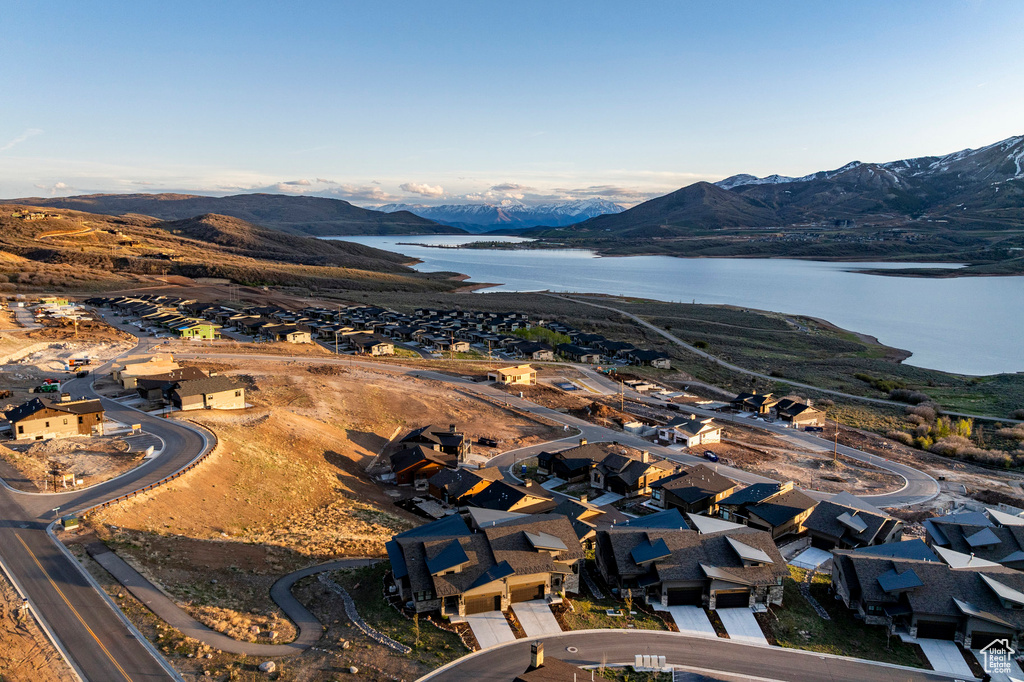 Aerial view with a residential view and a water and mountain view