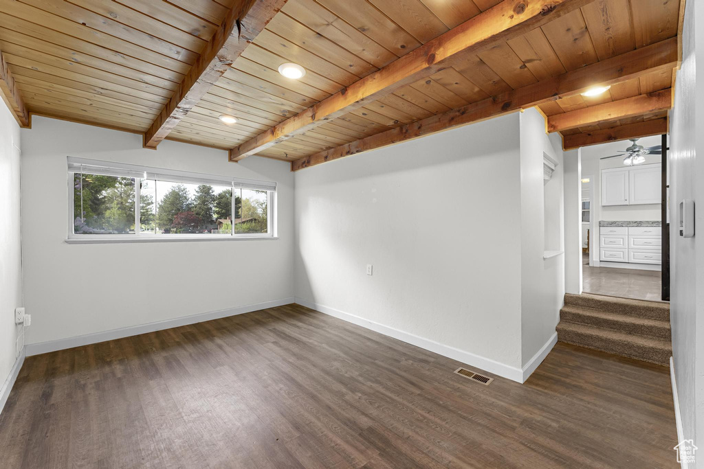 Unfurnished room featuring visible vents, dark wood-style flooring, beam ceiling, wood ceiling, and a ceiling fan