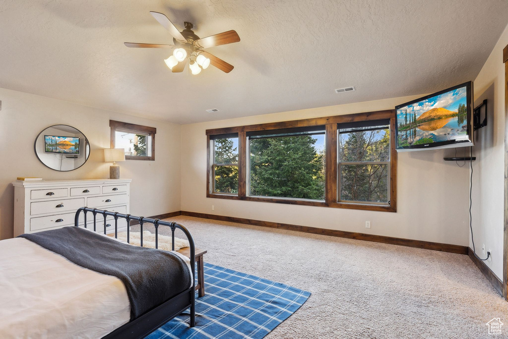 Bedroom with baseboards, carpet, ceiling fan, and visible vents