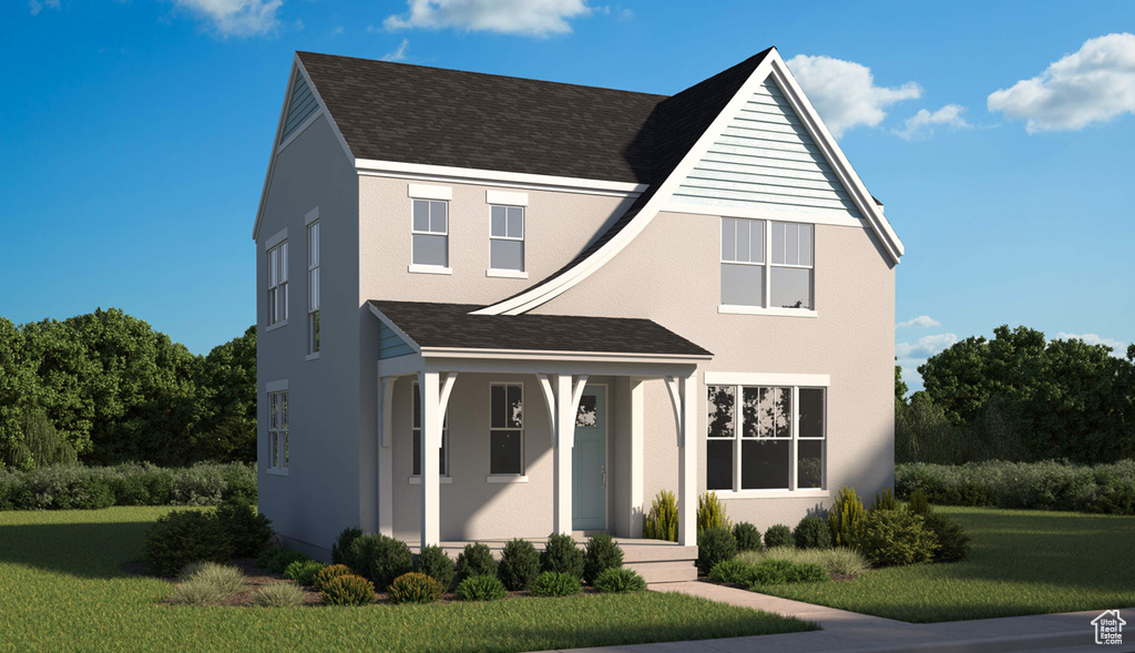 Traditional home with covered porch, roof with shingles, and a front yard