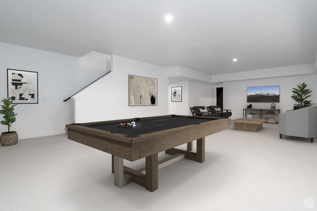 Game room with light colored carpet, billiards, baseboards, and recessed lighting