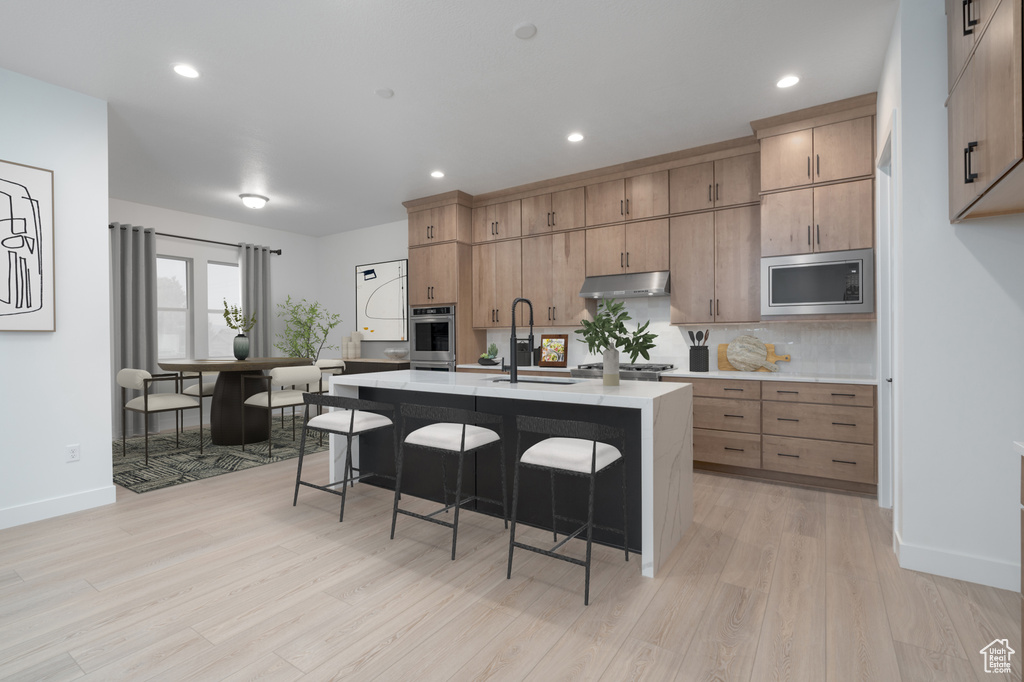 Kitchen with a breakfast bar, light wood-style floors, under cabinet range hood, a sink, and stainless steel appliances