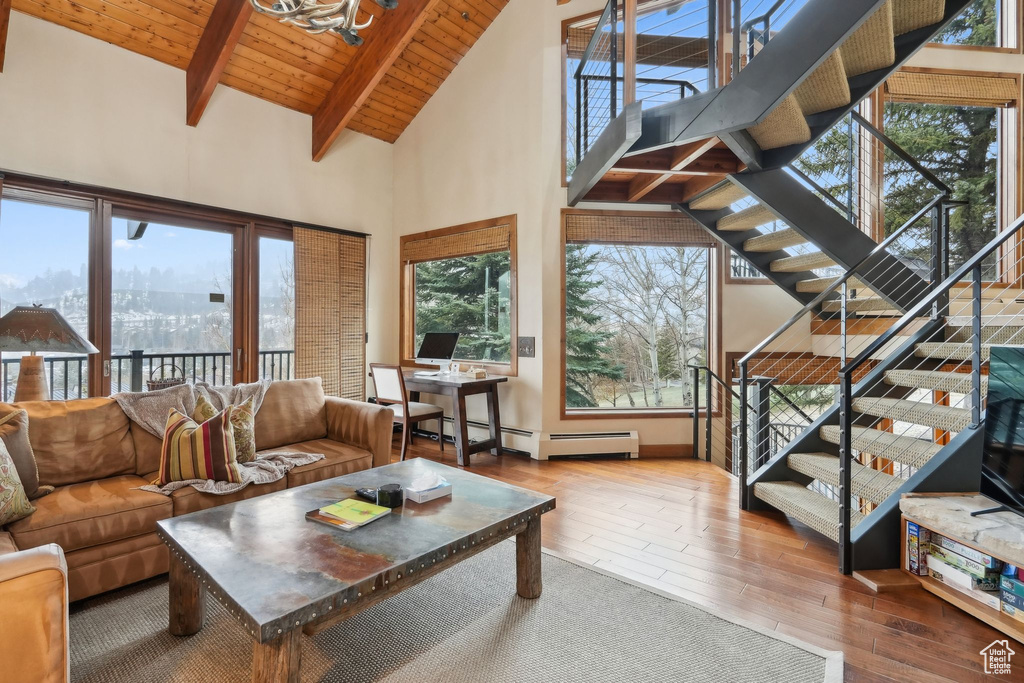 Living room featuring stairway, wood ceiling, beamed ceiling, high vaulted ceiling, and hardwood / wood-style flooring