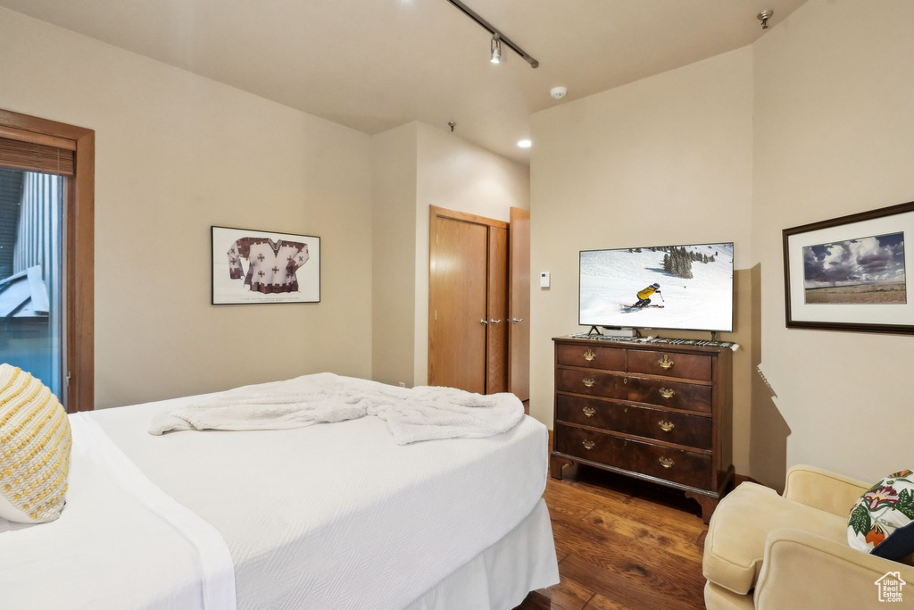 Bedroom with dark wood-style flooring, a closet, and rail lighting