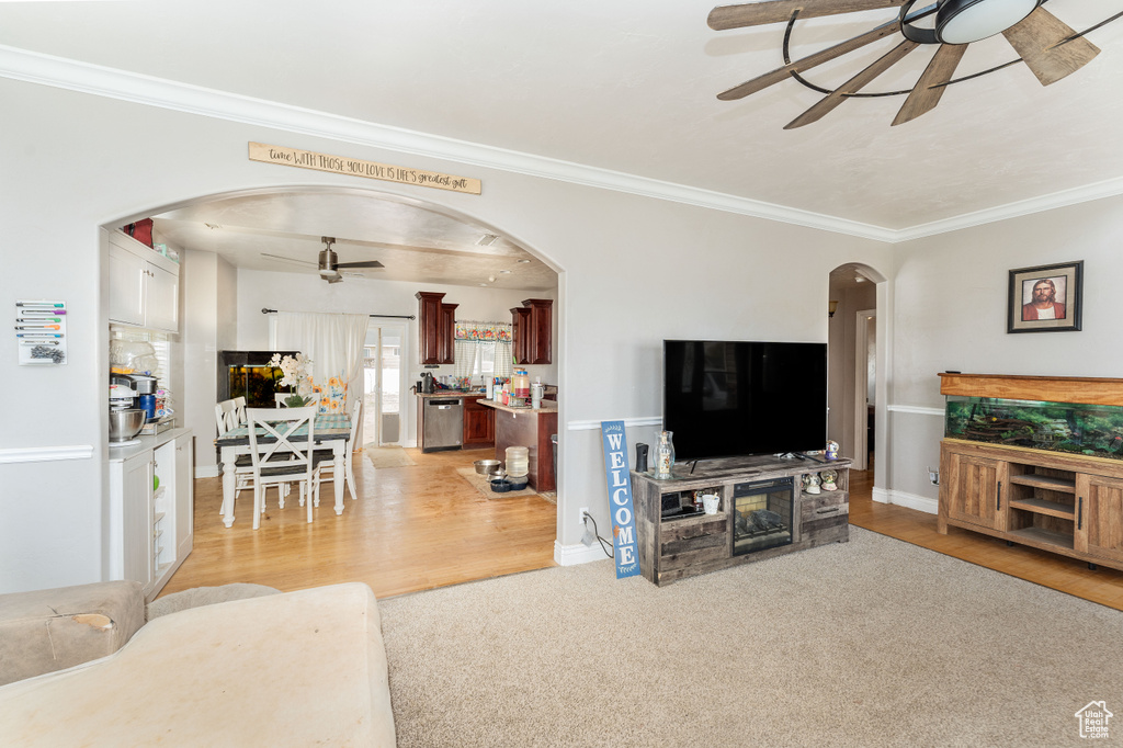 Living room with ceiling fan, light wood finished floors, arched walkways, baseboards, and ornamental molding
