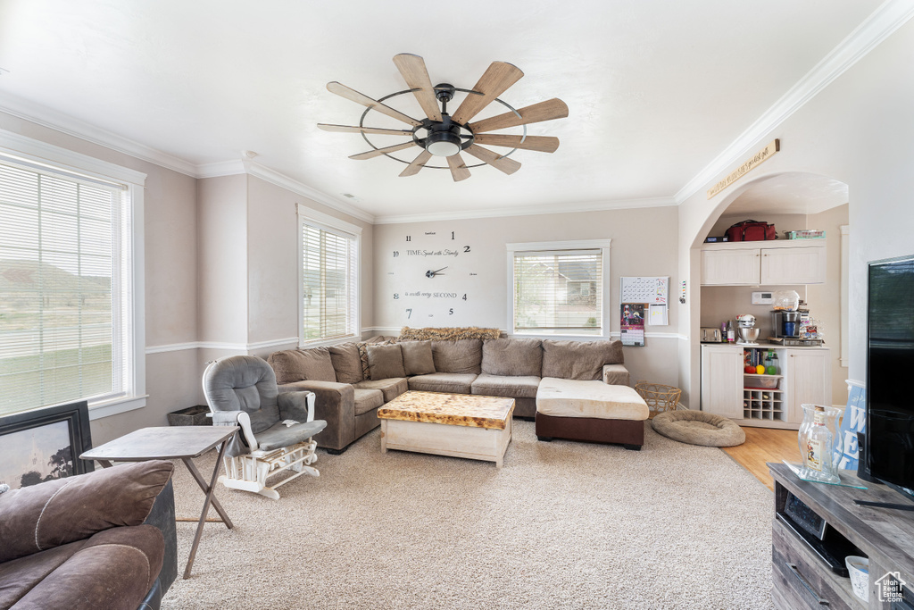 Living room with ornamental molding, ceiling fan, and arched walkways