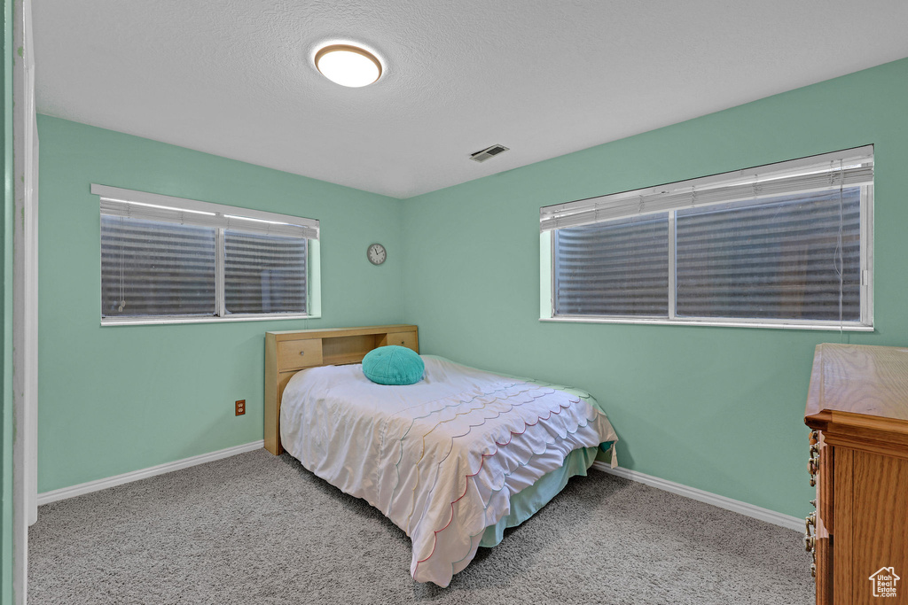 Carpeted bedroom featuring visible vents and baseboards