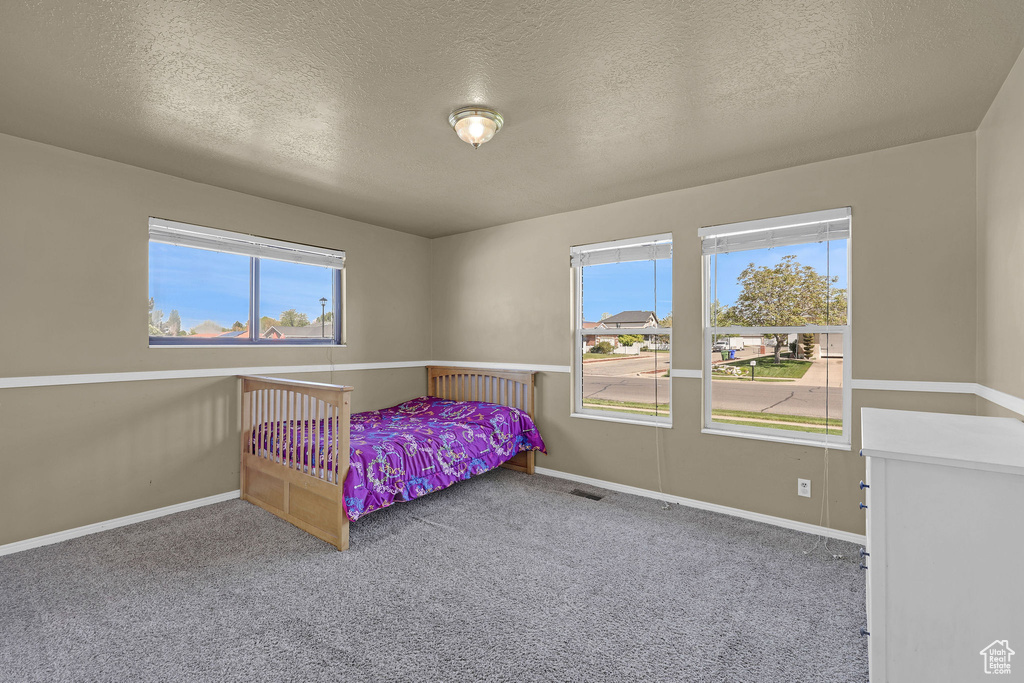 Carpeted bedroom featuring a textured ceiling, visible vents, and baseboards