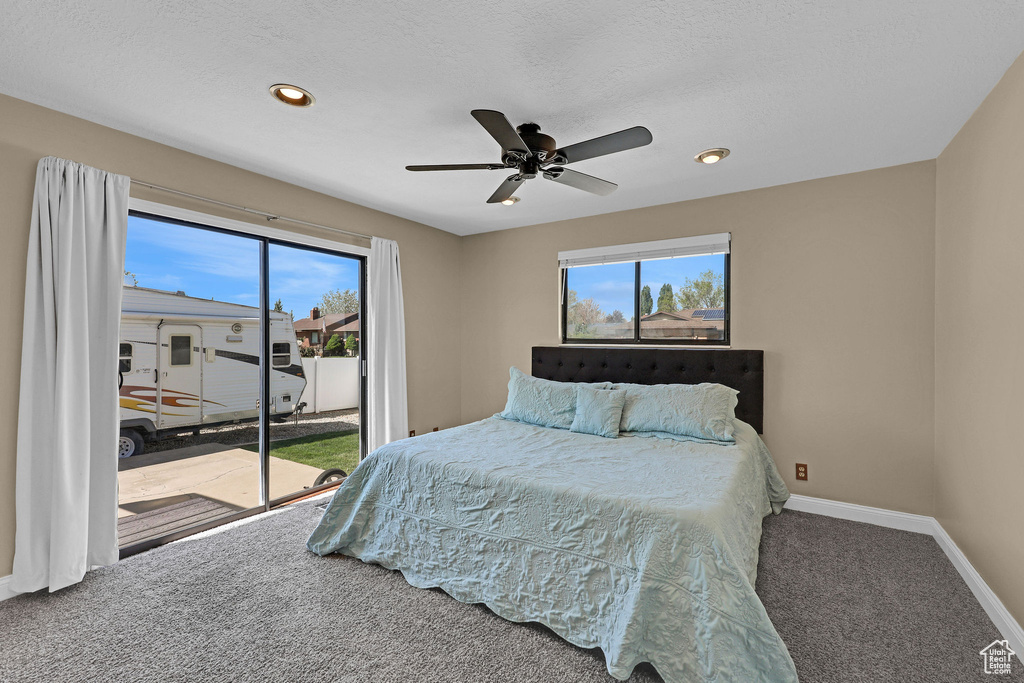 Carpeted bedroom featuring access to outside, recessed lighting, baseboards, and multiple windows