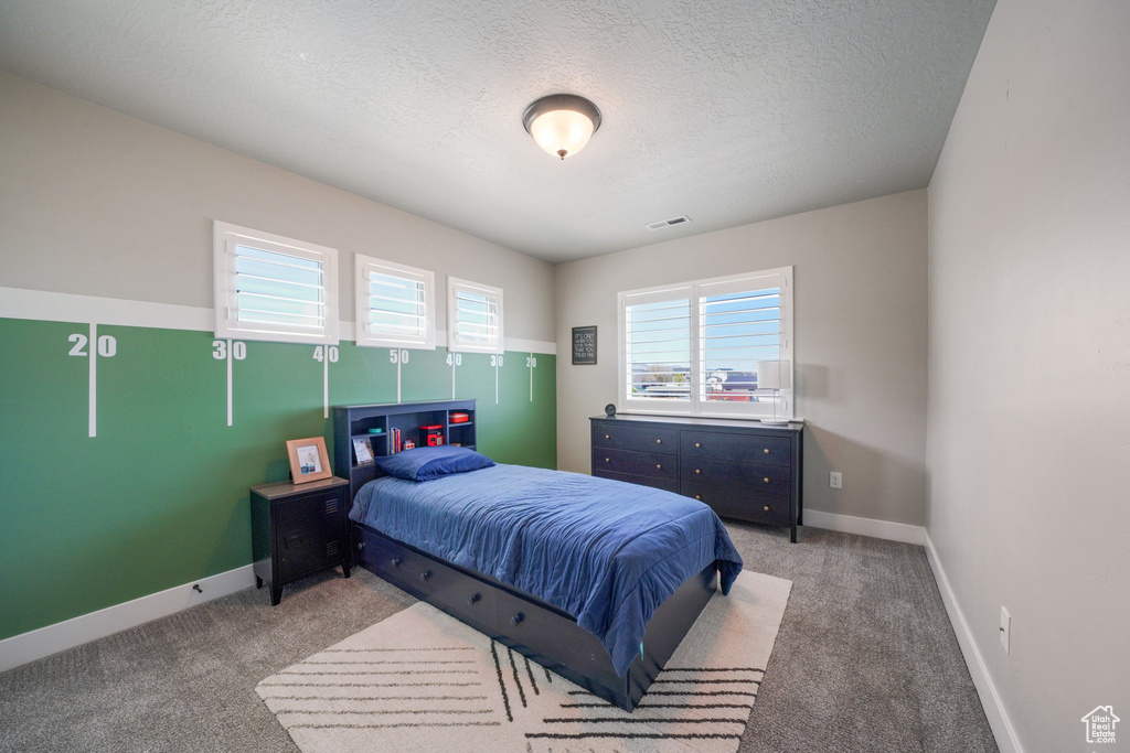 Bedroom featuring a textured ceiling, visible vents, baseboards, and carpet