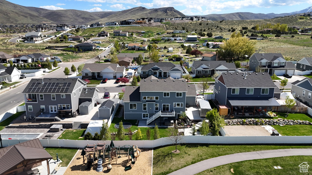 Aerial view featuring a residential view and a mountain view