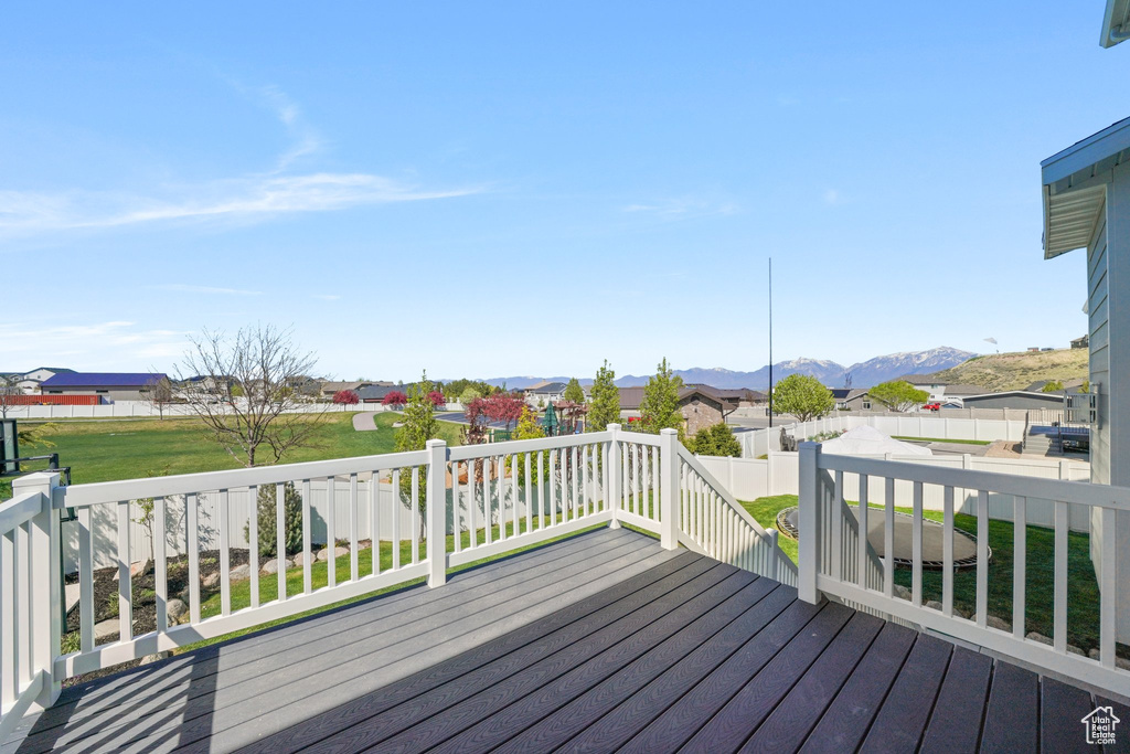 Deck featuring a residential view, a mountain view, and a fenced backyard