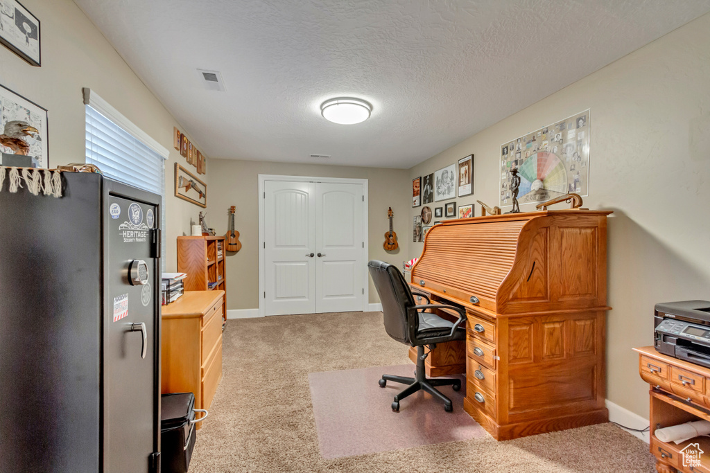 Office space featuring a textured ceiling, visible vents, baseboards, and light carpet