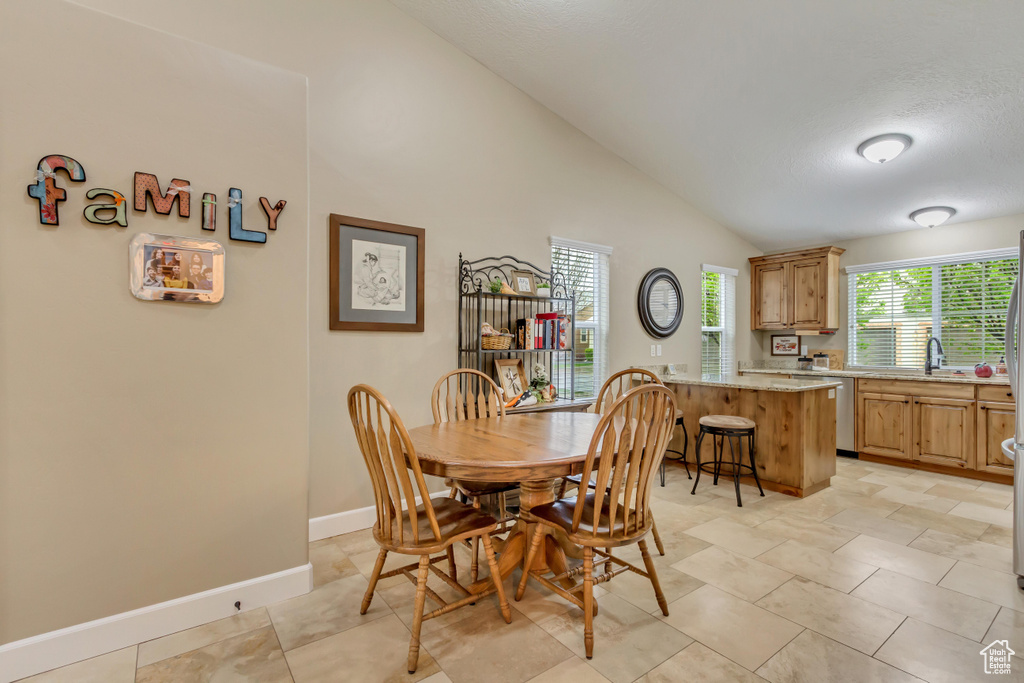 Dining area featuring vaulted ceiling, a textured ceiling, and baseboards