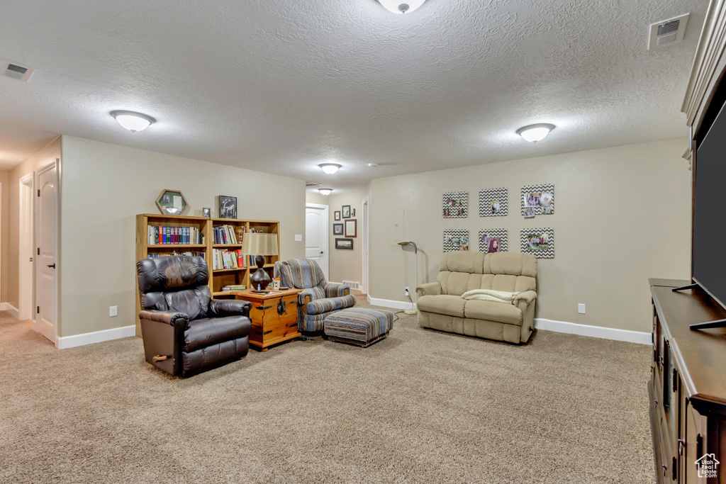 Living area featuring a textured ceiling, baseboards, light carpet, and visible vents