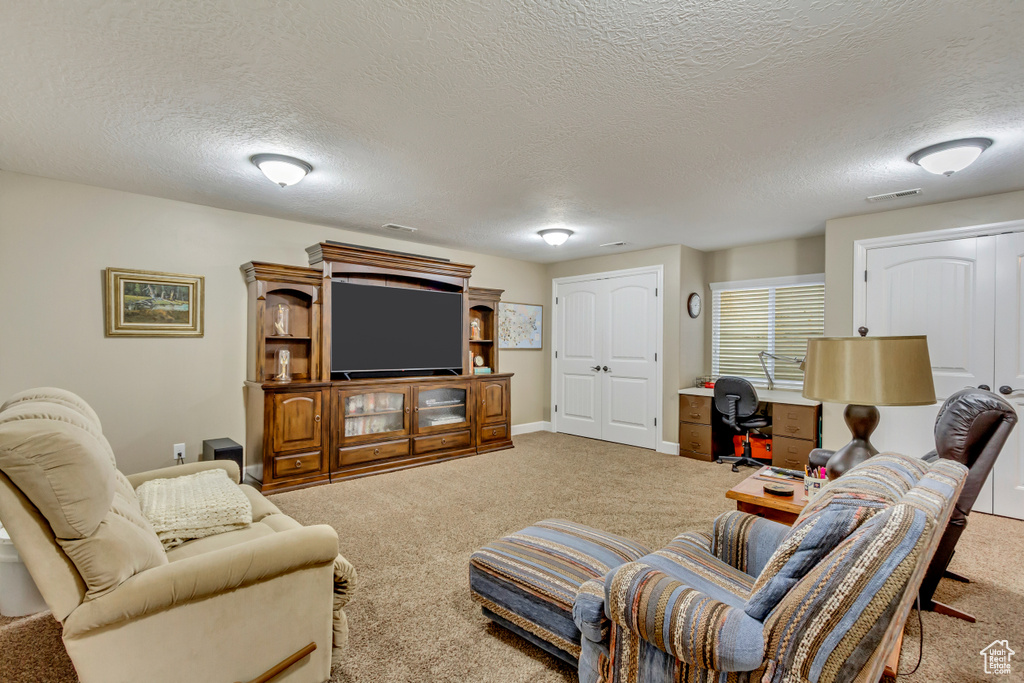 Carpeted living room featuring a textured ceiling and visible vents