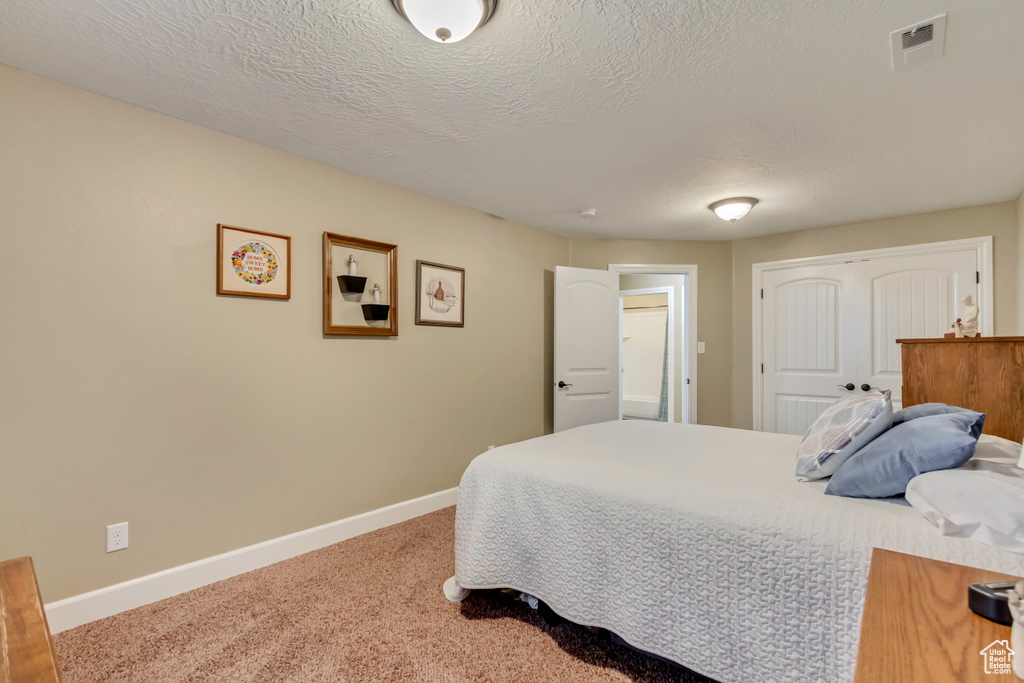 Bedroom with baseboards, carpet flooring, visible vents, and a closet
