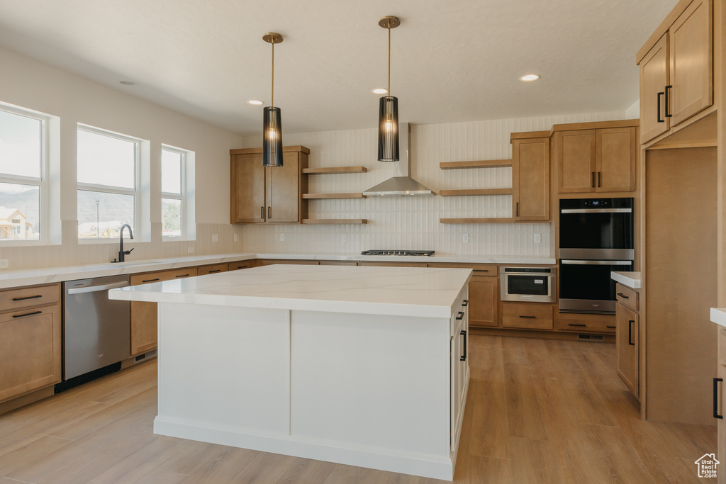 Kitchen with open shelves, appliances with stainless steel finishes, wall chimney exhaust hood, backsplash, and light wood-style floors