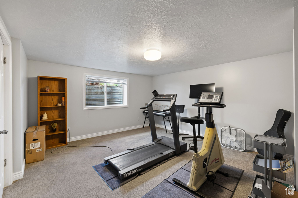 Exercise area with baseboards, carpet, and a textured ceiling