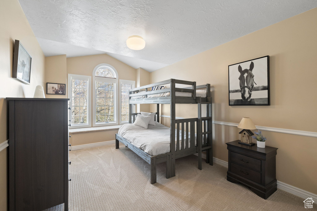 Bedroom with baseboards, carpet, vaulted ceiling, and a textured ceiling