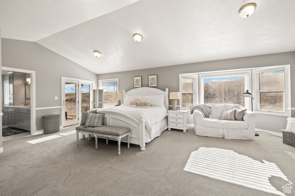 Carpeted bedroom with baseboards, lofted ceiling, a textured ceiling, and access to exterior