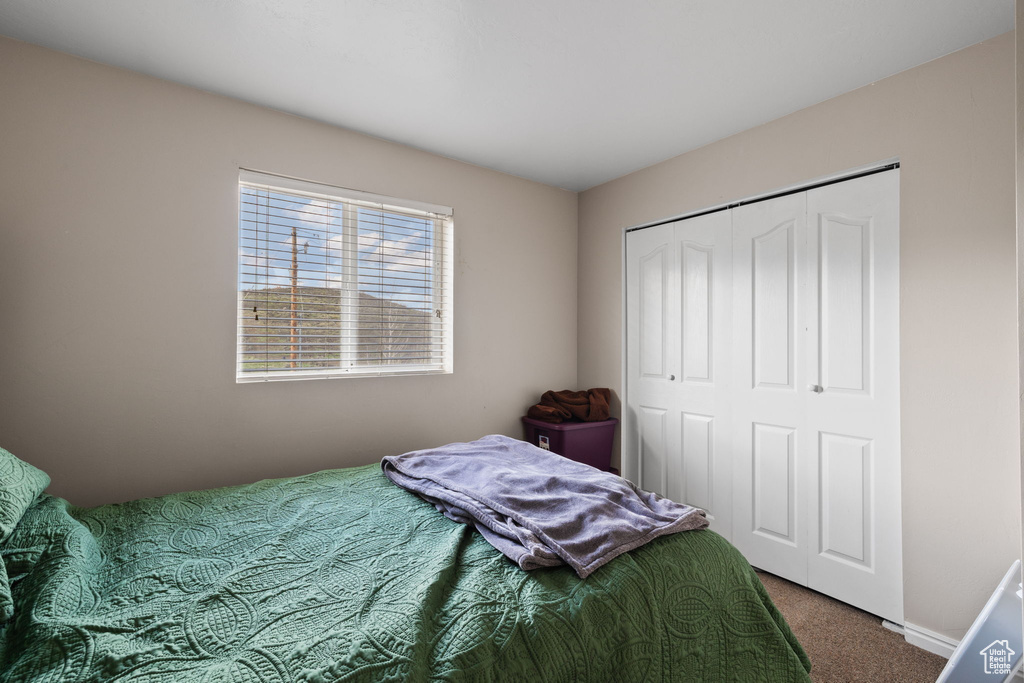 Carpeted bedroom featuring a closet
