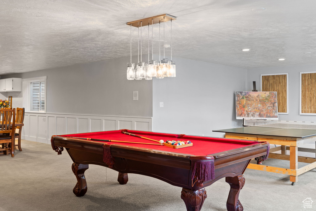 Game room featuring wainscoting, recessed lighting, light carpet, and billiards