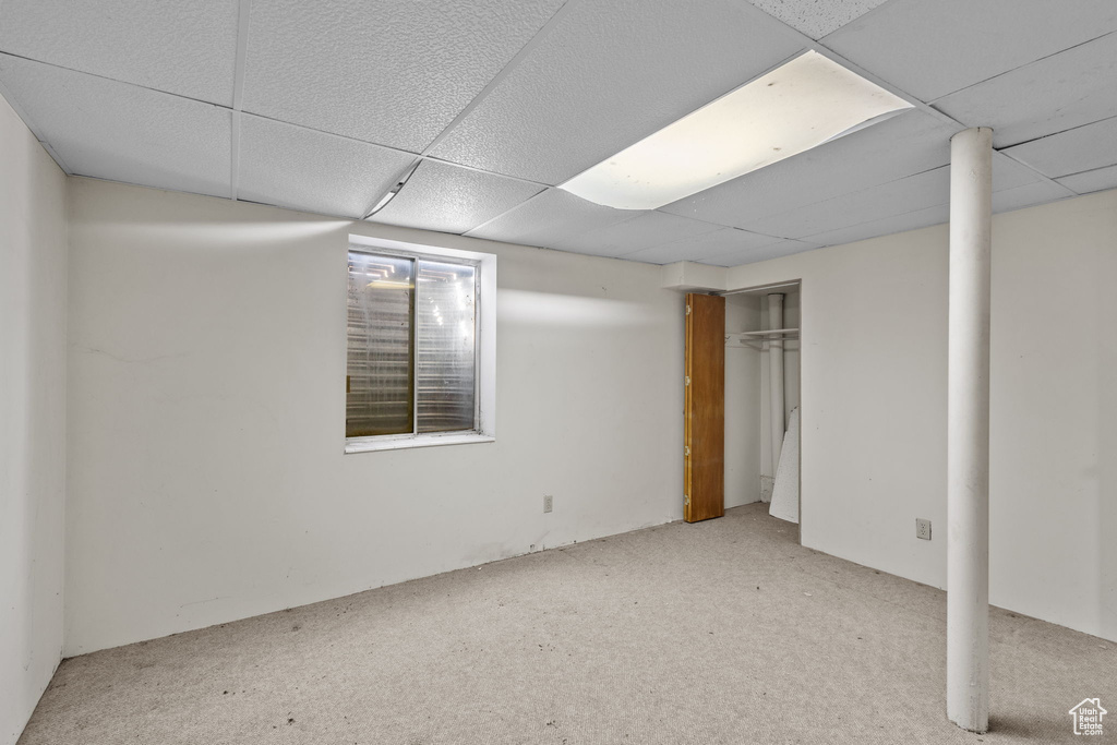 Basement with carpet floors and a drop ceiling