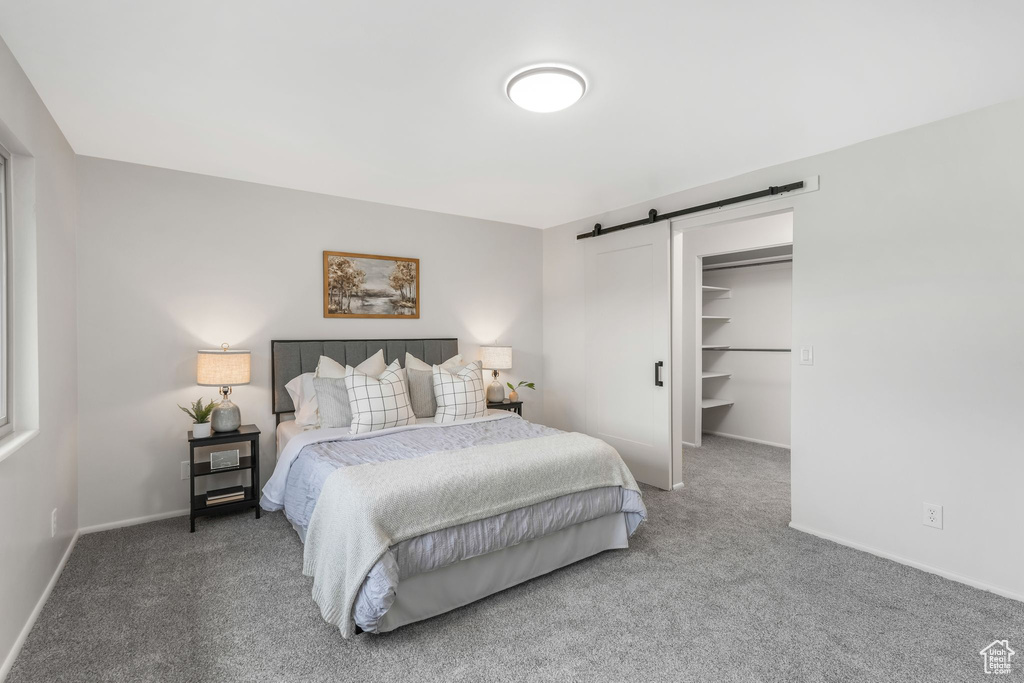 Carpeted bedroom featuring baseboards, a barn door, and a walk in closet