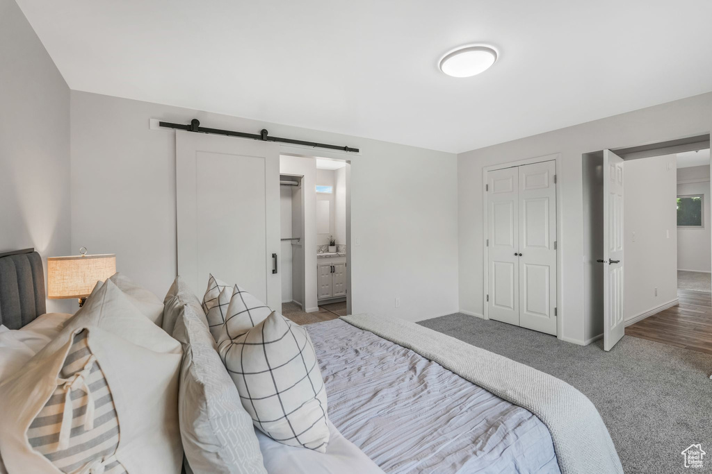 Bedroom featuring baseboards, a barn door, carpet, and a closet